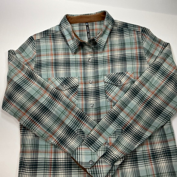 Plaid Flannel Shirt Corduroy Trim Button Up Collared Long Sleeve Green - Picture 6 of 11
